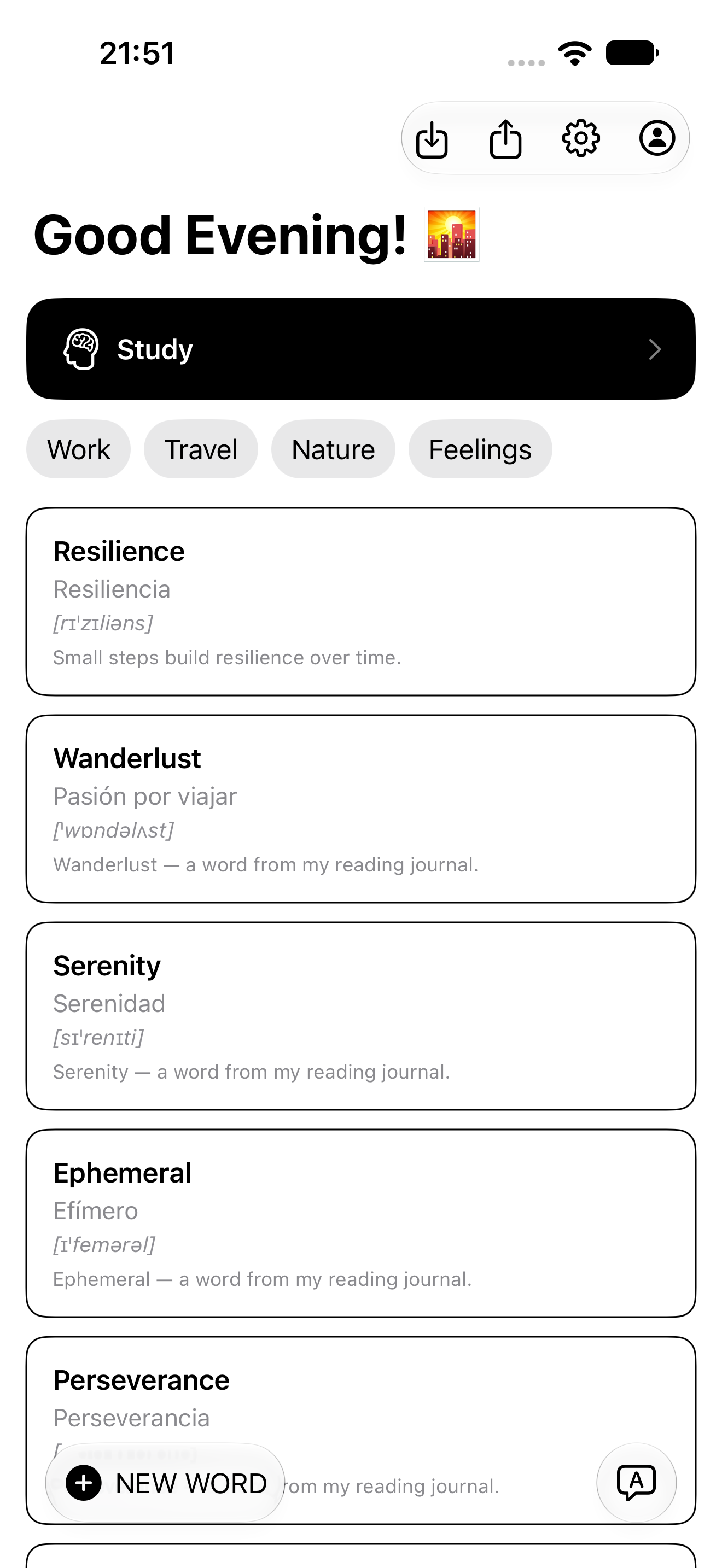 Kiki’s vocabulary screen with Study, topic tags and saved words