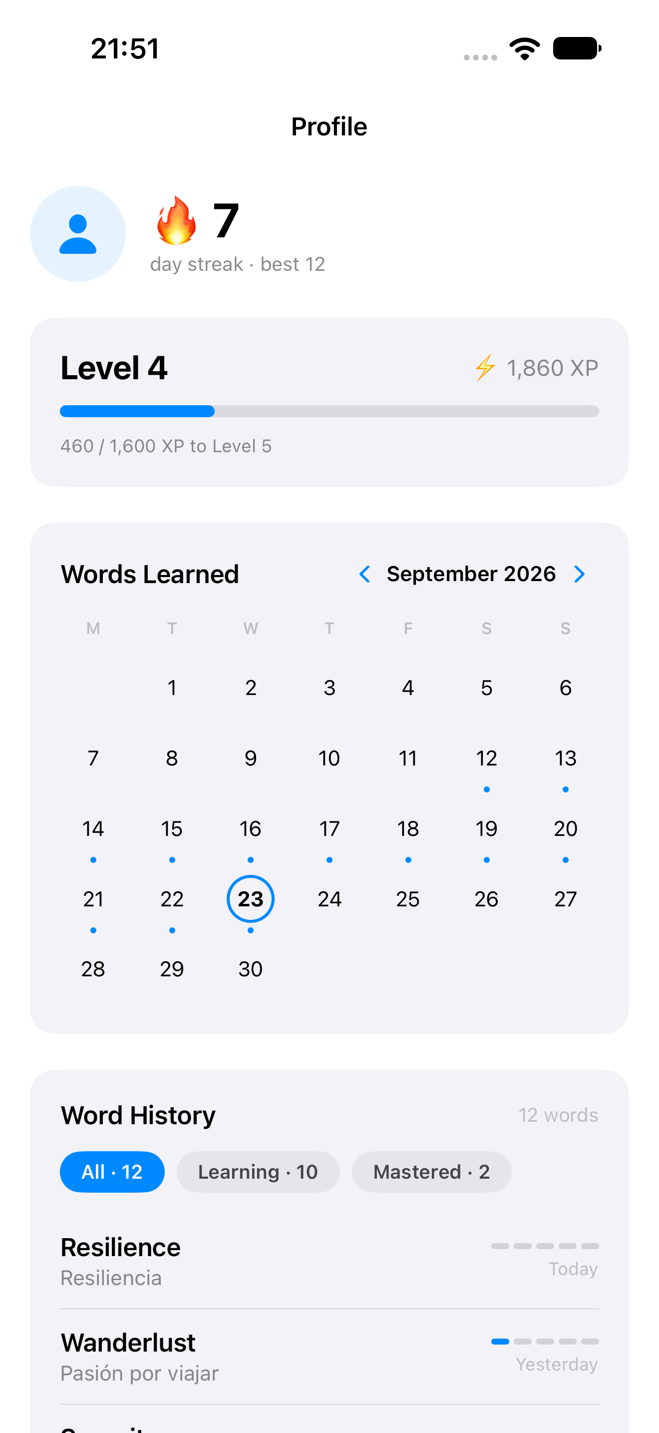 Kiki profile showing a practice streak, learning calendar and word history