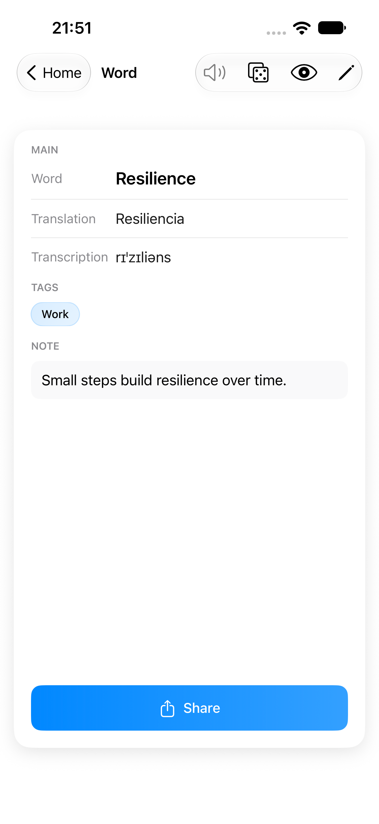 A saved Kiki word with translation, transcription, tag and personal note